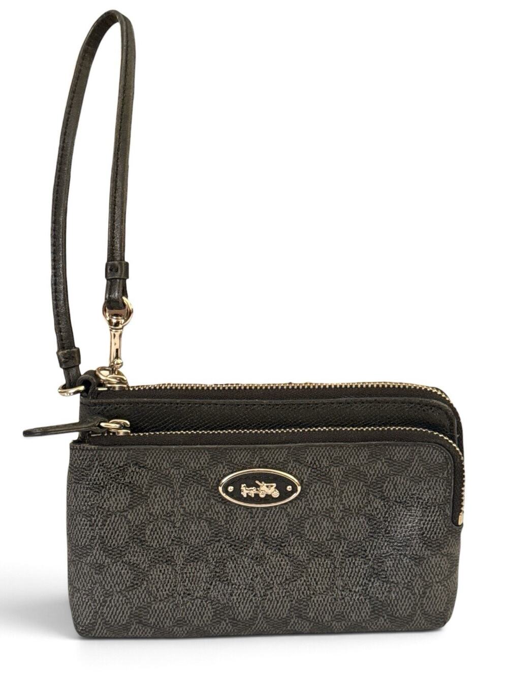 Coach Signature Double Zip Wallet Wristlet Coated Canvas Black Gray Gold